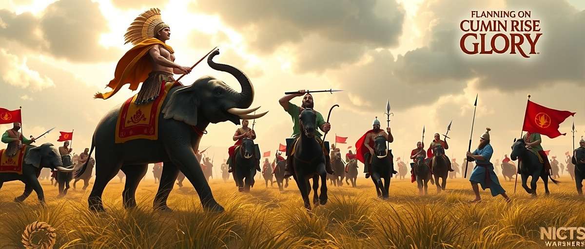 Cumin Rise Glory Epic Battle Cumin Rise Glory battle scene featuring Indian warriors on elephants fighting against invaders